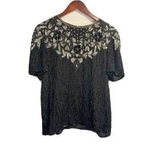 Vintage Mark And John By Sam Womens Floral Sequin 100% Silk Top Black Size Large